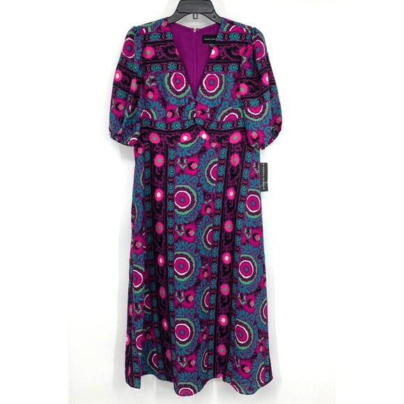 Donna Morgan Dress Midi 3/4 Sleeve Printed V Neck Purple NWT - Picture 3 of 15